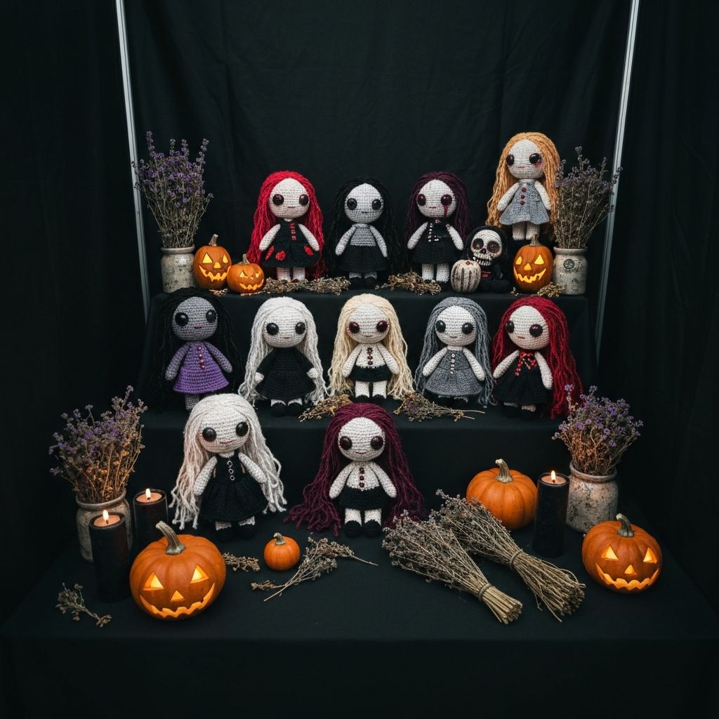 Handmade horror crochet dolls and spooky crafts displayed with candles