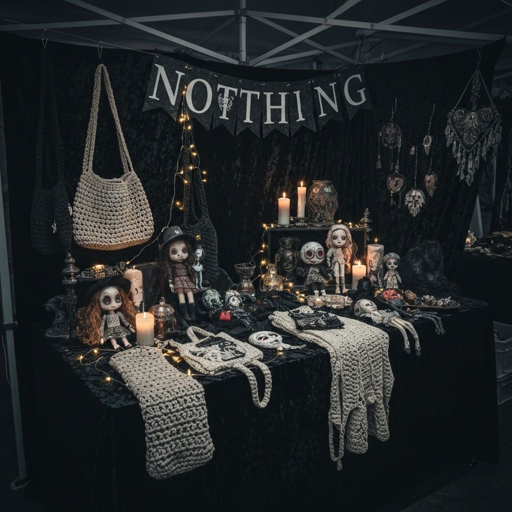 Gothic craft booth display with handmade items and candles